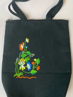 Black Tote Bag with Colorful Floral Embroidery